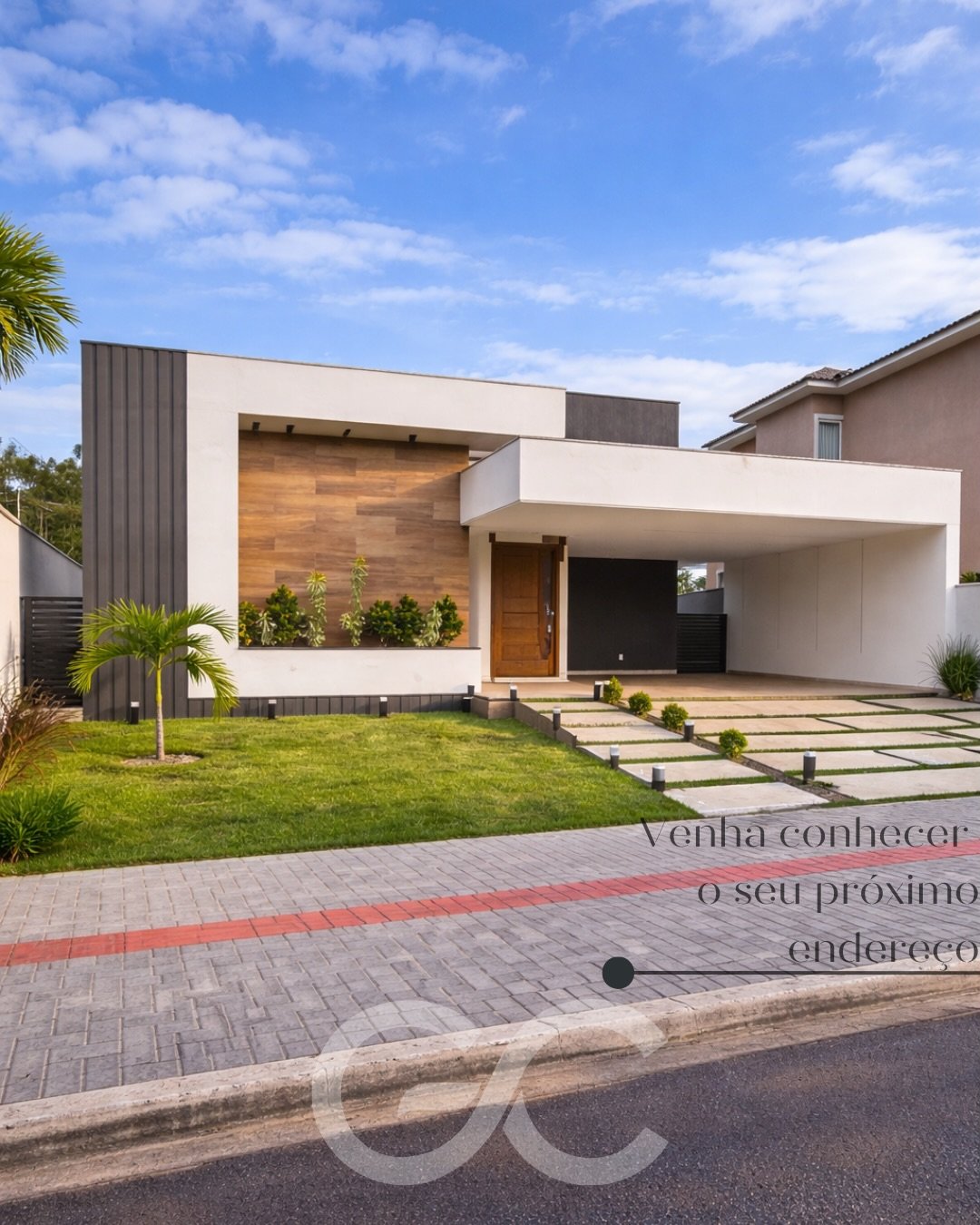 Fachada contemporânea com jardim e garagem coberta