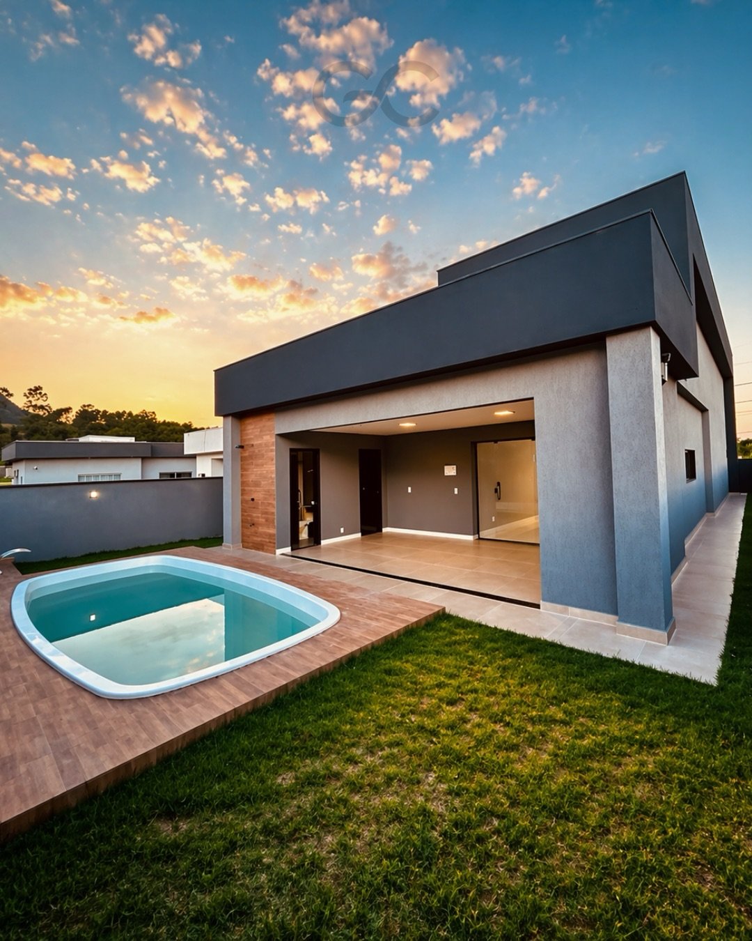 Casa contemporânea com piscina e jardim ao pôr do sol no Solaris Residencial