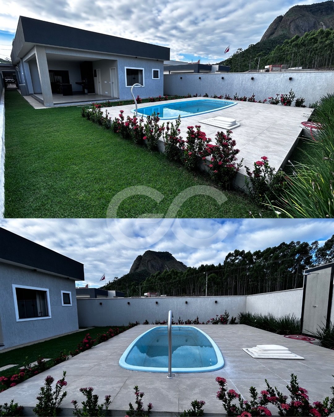 Piscina com jardim florido e vista para a montanha no Solaris Residencial
